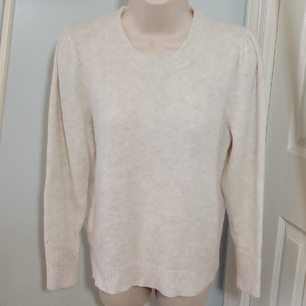 LOFT Cream Crew Neck Sweater with Puff Sleeve Dollcore Sz Large